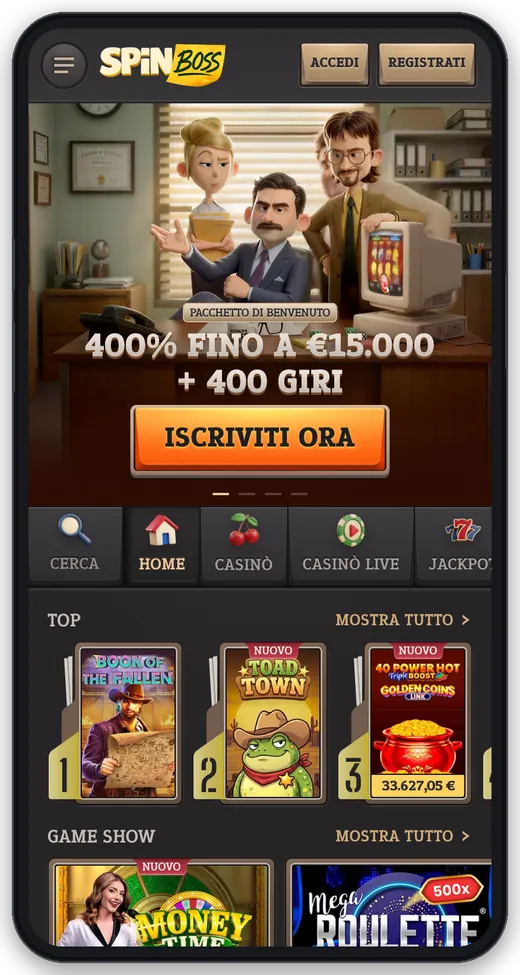 Lobby SpinBoss da smartphone con pacchetto di benvenuto 400% fino a €15.000 + 400 giri e classifica Top giochi