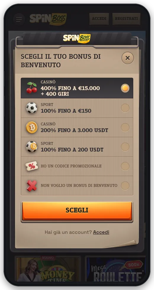 Registrazione SpinBoss, passo 1: scelta del bonus di benvenuto (casinò, sport, cripto o codice promozionale)
