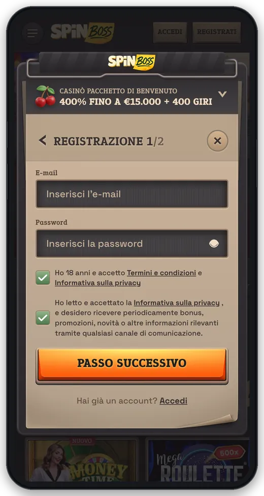 Registrazione SpinBoss, passo 2: modulo con e-mail, password e consenso 18+ ai termini